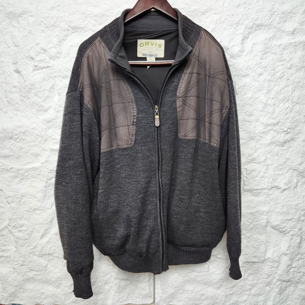 Orvis 100% Wool Full Zip Sweater Jacket XL Charcoal Cardigan Hunting Outdoor